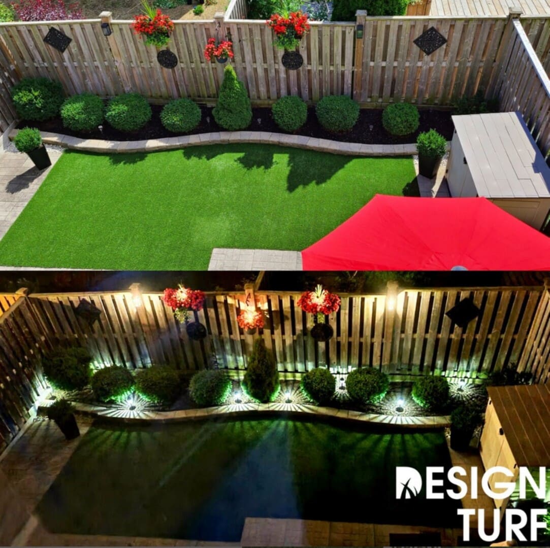 Artificial grass backyard in Toronto shown in day and night lighting with shrubs, stone edging, and fence décor.