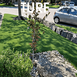 Nice front yard landscape with artificial grass