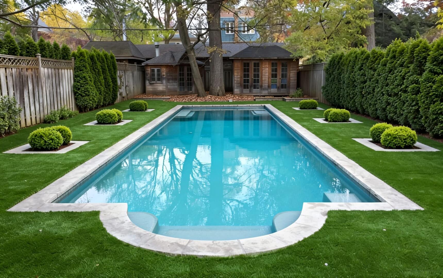 Luxury backyard with artificial grass around a pool, stone borders, trimmed shrubs, and a pool house
