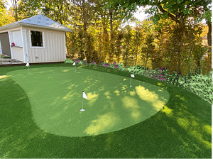 Putting green with gardens and new shed