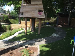Great Tree fort with hard to mow grass 